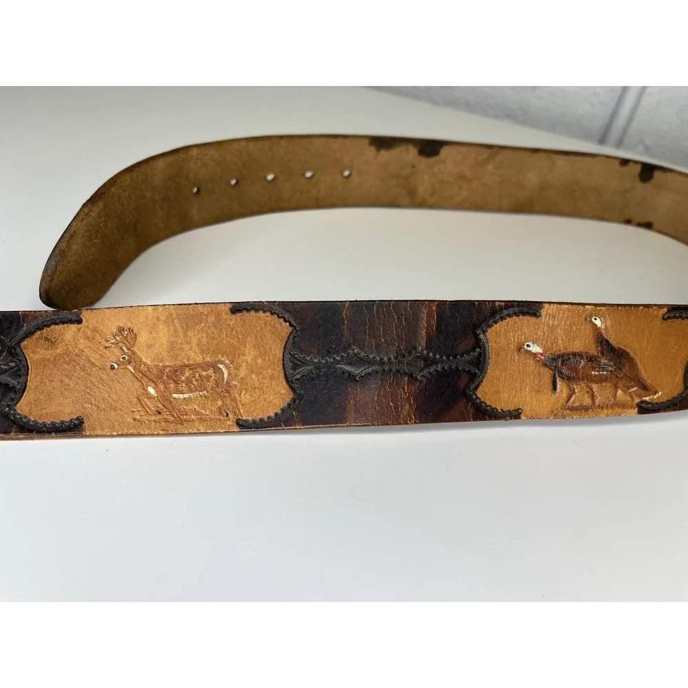 Steven L Knight Buckle Solid Bronze w/ Burned Leather Belt Turkey Bear Deer Hunt